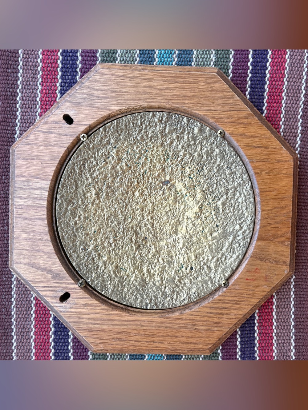 Wood Octagon Wall Plate Holder with Textured Brass Plate